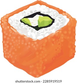 California Sushi roll, sliced sushi roll with salmon, oil paint style, digital paint, on white background. Asian food, Japanese food, casual food hand drawn digital illustration.