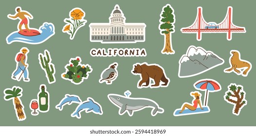 California symbols set. Digital stickers. Vector illustration