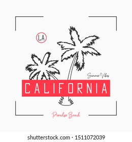 California t shirt design with slogan and hand drawn palm tree. Typography graphics for t-shirt and apparel with tropical palm and fashion red tape. Vector illustration.