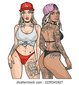 California tattoo girls colorful sketch Models in panties posing standing in seductive pose and in caps Los Angeles vector illustration