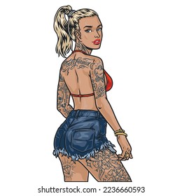 California tattoo woman label colorful blonde hot girl dressed in shorts and swimsuit posing for trendy magazine vector illustration