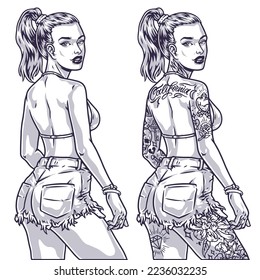 California tattoo woman monochrome emblem model in shorts and bikini standing with back to camera turning head back vector illustration
