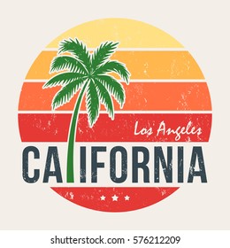 California tee print with styled palm tree. T-shirt design, graphics, stamp, label, typography.