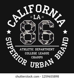 California tee shirt print with slogan and camouflage texture. Los Angeles graphic design for t-shirt. LA apparel typography with number in military and army style. Vector illustration.