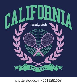 California Tennis club graphic print design. Racket tournament. Tennis college league. College Typography.