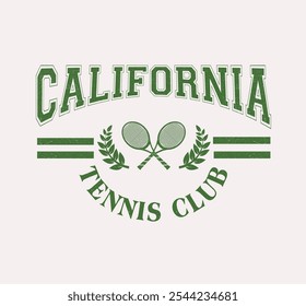 California, diseño de camiseta del club de tenis. Camiseta de estilo universitario con pelota de tenis. Estampado de ropa deportiva. Ilustración vectorial.