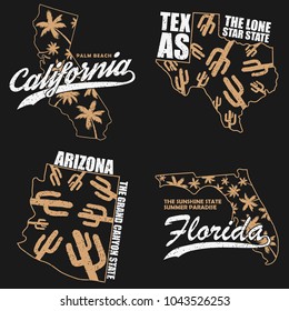 California, Texas, Arizona and Florida typography graphics set for t-shirt, clothes. Grunge print for apparel with palm trees, cactus and map. Vector illustration.