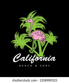 California text, flamingo and palm tree drawings / Vector illustration design for t shirt graphics, fashion prints, prints, posters, stickers etc