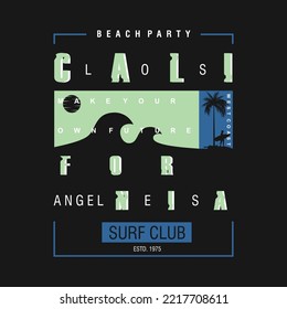 california text frame t-shirt design. palm trees silhouette surf club, graphic vector illustration