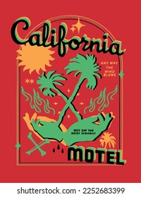 Texto de California con modelo de árbol de palma signo diseño de impresión vectorial para tee y prendas 