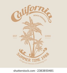 Las impresiones de California Text para los virus del paraíso de la playa en vectores utilizan estas impresiones para camisetas, sudaderas, olas de la playa de California con vectores de palmeras, texto con una ilustración de olas,