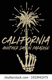 California text with skeleton and palm tree design for tee and poster