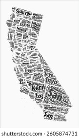 California text style counties. State region names word clouds in English language. Stylish vector illustration.