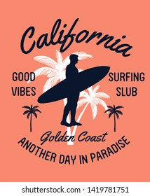 California text with  the surfer and palm trees  vector illustrations. For t-shirt prints and other uses.