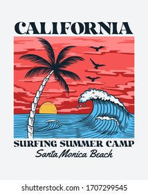California text with waves, a palm and sun vector illustrations. For t-shirt prints and other uses.