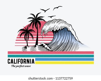 California theme text with waves, palm trees, birds and sun vector illustrations. For t-shirt prints and other uses.