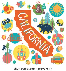 California Tourist Attractions concept - hand drawn unique vector illustration with main state symbols, map silhouette and lettering. Design for souvenir, greeting card, poster. 