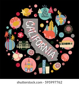 California Tourist Attractions concept - hand drawn unique vector illustration with main state symbols, map silhouette and lettering. Design for souvenir, greeting card, poster. 