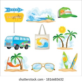 California as Travel Destination with Palm Trees and Surfboards at Sea Shore Vector Composition Set