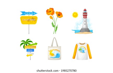 California as Travel Destination with Road Sign and Lighthouse Vector Composition Set