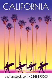 California Travel Poster. Beautiful Landscape With Surfers, Beach, Palms And Sea In The Background. Handmade Drawing Vector Illustration.