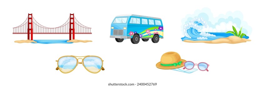 California Travel and Tourism with Summer Beach Objects Vector Set