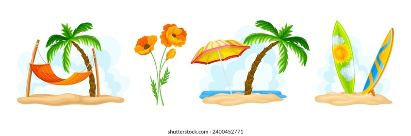 California Travel and Tourism with Summer Beach Objects Vector Set