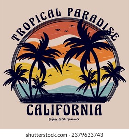 El California Tropical Holidays Paradise Beach Vibes. Verano interminable. Verano buen diseño gráfico de vibraciones para la impresión de camisetas, afiche, pegatina, fondo. 