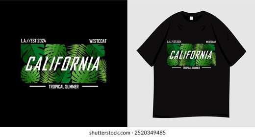 California tropical summer graphic t-shirt design.  Nature symbols, beach, ocean, tropical leaves. Print for clothes, wear, tees, apparel, fashion. Vector illustration.