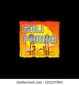 California T-shirt apparel print or poster. Surfing and grunge theme