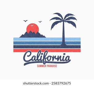 California t-shirt design with palm tree, mountains and sun. Graphic print for tee shirt with silhouette of mountain and palm tree, color stripes and grunge. Clothes and apparel design. Vector. 