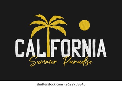 California t-shirt design with palm tree, sun and text  cut out of crumpled paper. California summer print for tee shirt graphic. Clothes and apparel design. Vector illustration.
