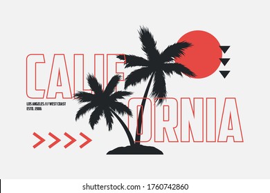 California t-shirt design with palm trees and outline text. Modern typography graphics for tee shirt. Los Angeles apparel print with palms and sun. Vector illustration.