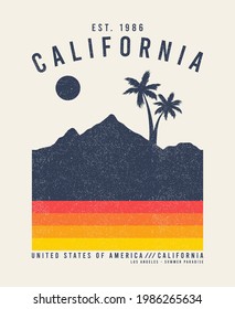 California t-shirt design with palm trees and mountains. Typography graphics for tee shirt with grunge. Vintage apparel print. Vector illustration.