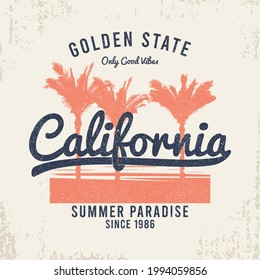 California t-shirt design with palm trees, grunge and slogan. Typography graphics for vintage tee shirt. California apparel print. Vector illustration.