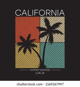 California t-shirt design with silhouette of palm trees. Typography graphics for apparel, tee shirt print with grunge. Vector illustration.