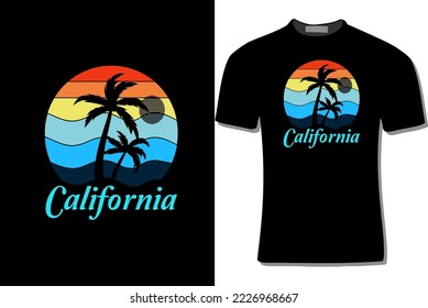 California T-Shirt Design With Sun Set For Print, Poster, Card, Mugs, Bags, Invitation, Party.