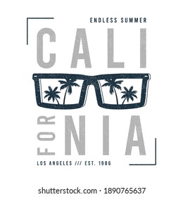 California t-shirt design with sunglasses with palm trees silhouette. Sun glasses print for tee shirt with slogan, tropical palms and grunge. Vector illustration.