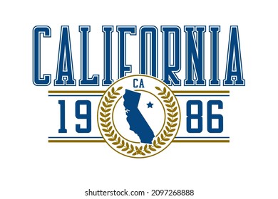 California T-shirt Design. Typography Graphics For College Tee Shirt With California Map. Varsity Style Apparel Print. Vector Illustration.