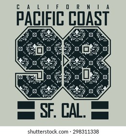 California T-shirt fashion Typography, sport emblem design, Number with floral ornament, San Francisco graphic Print label - vector illustration 