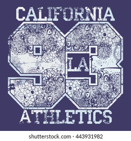 California T-shirt fashion Typography, sport emblem design, Number with floral ornament, graphic Print label