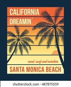 California t-shirt graphics with palms, design, print, typography, label, badge. Vector illustration.