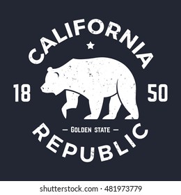 California t-shirt with grizzly bear, graphics, design, print, typography, label, badge. Vector illustration.
