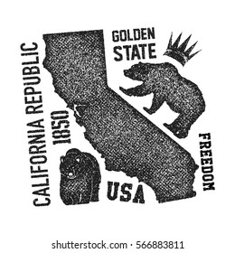 California t-shirt with grizzly bear. T-shirt graphics, design, print. Vector illustration.