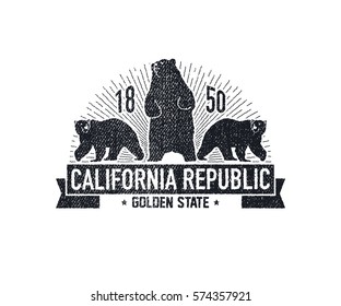 California t-shirt with grizzly bear. T-shirt graphics, design, print. Vector illustration.