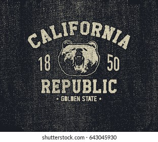 California t-shirt with grizzly bear head. Vector illustration