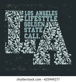 California t-shirt school athletics apparel stamp. Los Angeles Tee typography, tshirt print with flowers. Fashion graphic vector illustration