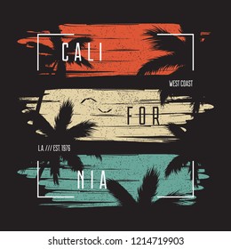 California t-shirt typography with color grunge background and palm trees silhouettes. Trendy apparel design. Vector ollustration.