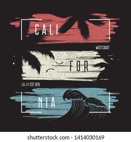 California t-shirt typography with color grunge background, wave and palm trees silhouettes. Trendy apparel design. Vector illustration.