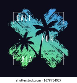 California t-shirt typography with color grunge background and palm trees silhouettes. Trendy apparel design with frame, tee shirt graphics. Vector illustration.